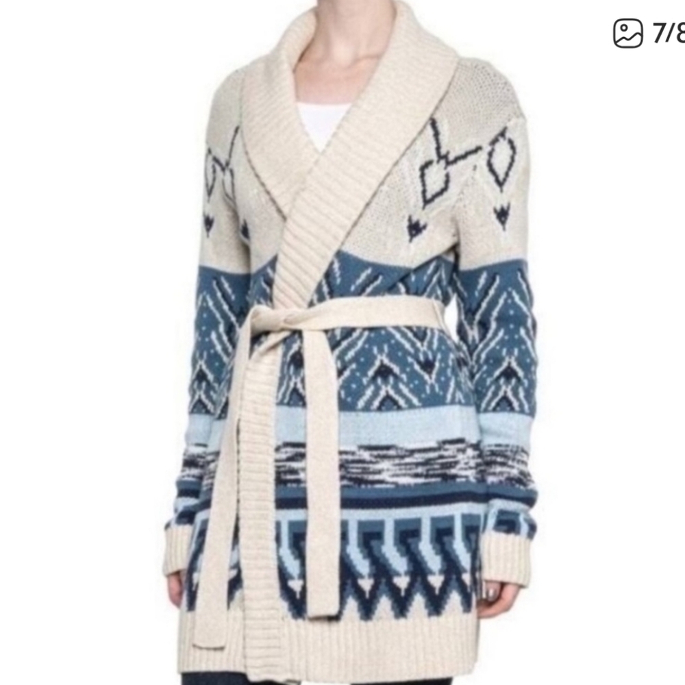 *SOLD* Lucky Brand Blue and Cream Belted Cardigan Women's XL BNWT